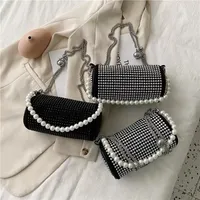 2022 Party Prom Bling Bucket Totes Phone Bags With Pearls Strap Handbags Shining Shoulder Sparkly Purse Women Designer Diamond Crossbody Round Barrel Mini Small Bag