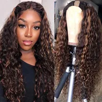 Highlight Dark Brown Bouncy Curly V Part Wigs Unprocessed 100% Human Hair Glueless Ombre Chocolate Blonde Water Wave U Shape