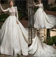 2020 neue luxuriöse Hochzeitskleider hoher Nacken langärmelige Fülle Spitze Perlen Tüll Hochzeitskleider Braut Kleid Vestido de Noiva BC5491 C0729G02