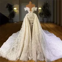 Luxury Arabiska Dubai Bröllopsklänningar 2022 Spets Blommor Off Shoulder Princess Mermaid Bridal Gown med avtagbar tåg Abito da Sposa Bes121