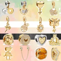 925 STERLING Silver Dangle Charm Women New Gold Heart Bee Family Tree Crown Beads Bead Fit Pandora Charms Pulsera Diy Accesorios de joyería
