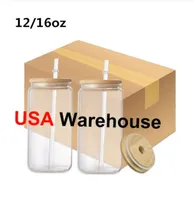 US Warehouse Sublimation Glass Beer Mugs with Bamboo Lid Straw 12oz 16oz DIY Blanks Frosted Clear Can Shaped Tumblers Cups Heat Transfer Cocktail Iced Coffee