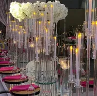 Party Decoratie Groothandel 10 Arms Long Stammed Modern Clear Acryl Tube Hurricane Crystal Kandelaars Wedding tafel Centerpieces Candel B0708G02