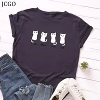 JCGO Summer Cotton Women T Shirt 4XL 5XL Plus Size Cute Cats Print Short SL210G