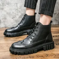 Casual Fashion Boots Men Shoes PU Leather Solid Color Round Toe Classic Piano Sole High Quality Bullock Hollow Youth Lace Up Low Top Martin Boots HM414