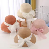 Wide Brim Hats 2022 Fashion Summer Straw Hat For Kids Lace Bow Flower Big Beach Sun UV Protection Casual Baby Girl Kid Cap