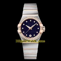 27 mm Dream Blue Starry Sky Dial Swiss Quartz Watch Watch Bisel Diamond Bisel Dos tonos Rose Gold S acero inoxidable Fashion Lady Watch263l