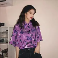 여성용 블라우스 셔츠 대형 짧은 소매 티셔츠 보라색 나비 인쇄 느슨한 시폰 패션 여성 2022 여름 치카 멘스