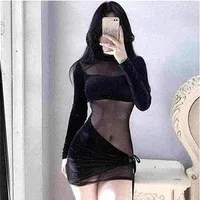 Casual Dresses WOMENGAGA Girl Mini Dress Female Sexy Transparent Tight Patchwork Hollow Out Long Sleeve Europe O Neck Fashion Kore274m