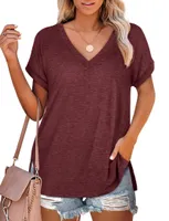 屋外Tシャツ女性用サマーシャツカジュアルvネック半袖トップウェアスポーツTシャツレディースギフトブリックレッドM L XL