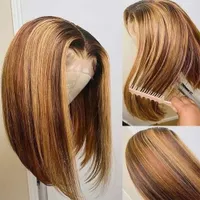 Podświetl krótką perukę włosów Bob Human Hair Brazylijka prosta koronkowa peruka czołowa dla kobiet ombre brązowe syntetyczne peruki