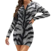 Casual Dresses Animal Fur Print Dress Long Sleeve Black White Tiger Stripe Street Style Spring Pretty Bodycon Women Printed Plus