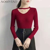 Aossviao V Neck Sweaters Women Autumn Winter Long Sleeves Sexy Slim Tops Solid Streetwear Knitted Korean Sweater Burgundy J220702