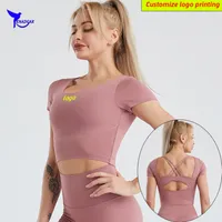 Crossback Crossback Shirts Gym à manches courtes Poldd Yoga Crop Top Women Fitness Fitness Running Clothes Elastic Sports Bra 220609