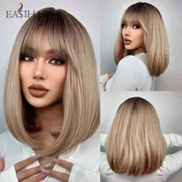 EASIHAIR Short Straight Bob Wigs with Bang Golden Brown Natural Synthetic Hair for Women Daily Cosplay Heat Resistant Fiber 220525