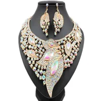 Boucles d'oreilles Collier Déclaration fleur Crystal Bridal Wedding Rimestone Jewelry Set Fashion Women Dubai Choker African Collar Bibserings E