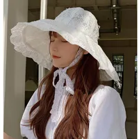 Wide Brim Hats Summer For Women Black White Lace Bucket Hat Beach Sunhat Large Anti-UV Cap WomenWide
