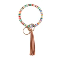 Keychains ZWPON Boho Heishi Polymer Clay Disc Beads Circle Keychain Velvet Tassel Wristlet Bracelets For Women Surf Jewelry Wholes263N