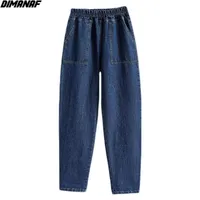 Dimanaf artı boyutu kadın kot pantolon yüksek bel gevşek denim dişi elastik bel bahar temel cepler mavi pantolonlar s-5xl 210302