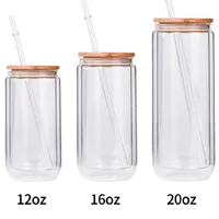 New 12oz 16oz 20oz Sublimation Tumbler Double Wall Glass Can Glitter Blank Glass Mugs with Bamboo Lids Beer Juice Glasses Cup 6081 Q2