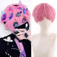Ailiade Short Men S Wig Straight met pony 12 "Pink Cosplay Anime Synthetic For Women Boy Fake Hair Halloween Daily S220511