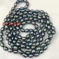 Anhänger Halsketten natürliche Süßwasserperle schwarzer Pfaugrün-Reis Halskette 7-8 mm lang 50-Zoll