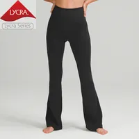 Lycra tyg hög midja blossade byxor tunna yogabyxor naken känner kvinnor elastisk träning gym som kör sportkläder