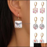 Pendientes de araña colgantes joyas de joyas de moda barroca perla elegante 18k oro mariposa flores rosas impresas dhrud