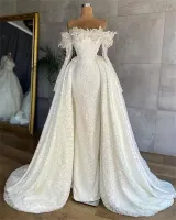 White Lace Mermaid Wedding Gowns 2022 With Overskirt Off Shoulder Long Sleeves Beading Plus Size Sweep Train Bridal Dresses Vestido De Noiva