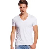 Camise de pescoço em V para homens de colarinho largo de baixo corte camisetas masculinas algodão modal slim fit manga curta invisível camiseta g220512