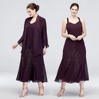 Grape Mermaid Plus Size Beaded Mother Of The Bride Dresses With Long Sleeves Jackets Wedding Guest Dress Tea Length Chiffon Evenin203e