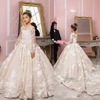 Ball Gown Girls Pageant Dresses Vintage Long Sleeve Jewel Neck Little Girl Wedding Dresses Beads Lace Flower Girl Dress Communion Gowns BC14014