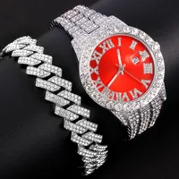 Wristwatches 2pcs/set Watch&amp; Bracelet Combo Iced Out Cuban Link Miami Chain Micro Paved Cystal Luxury Jewelry Sets For Men Women
