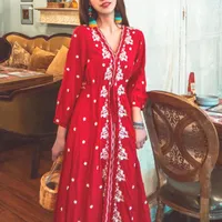 民族衣類赤女性のホリデースタイルコットン刺繍ドレス女性夏インドパキスタンKurtaethnicethnicnic