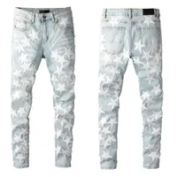 Jeans masculinos para caras joelho rasgado slim fit calças magras manchas de estrela vestindo moto de jeans de moto de moto moto machado de forma longa com zíper reto comprido com buraco azul claro