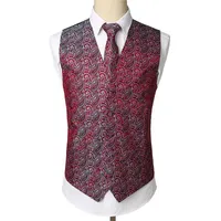 Men's Vests Wine Red Paisley Tuxedo Vest Set Party Wedding Waistcoat Handkerchief Necktie Floral Jacquard Pocket Square Tie Suit