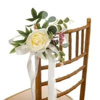 Dekoracyjne kwiaty wieńcowe krzesło z tyłu Fałszywe kwiat symulowany kwiatowy wystrój róży długotrwały sztuczny z szyfonowymi wstążkami weselnymi h