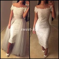 New Sexy Prom Dresses White Lace Tea Length Off Shoulder Short Sleeve Detachable Train 2019 Vintage Women Evening Gowns Party Cock306a