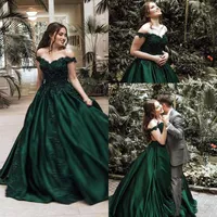 Modest 2019 Dark Green Ball Gown Evening Dresses Off The Shoulder Formal Party Gowns Beaded Applique Satin Long Pageant Prom Dress2541
