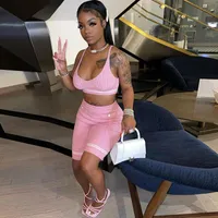 Women&#039;s Tracksuits Cute Sexy Pink Knitted Two Peice Set For Women Clothes Crop Top And Shorts Matching Sets Casual OutfitsWomen&#039;s