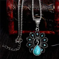 Elegant blue turquoise peacock necklaces natural stone austrian crystal pendant necklace vintage bijoux femme249Q