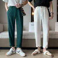 남자 양복 블레이저스 여름 남자 패션 트렌드 얼음 실크 패브릭 슈트 바지 흰색/검은 색/녹색 9 점 캐주얼 고품질 바지