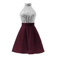 Party Dresses Elegant Homecoming Burgundy Halter Neck Backless Shiny Sequins Chiffon Above Knee Cocktail Dress Wedding GownsParty