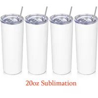 USA Local Warehouse 3-7 Days Delivery 20oz Sublimation Straight tumblers Steel Straw Stainless tumbler Coffee Mug with Lids and Plastic Stra