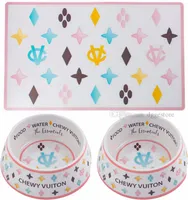 Designer Dog Bowls and Placemats Set Food Grade Non-Skid BPA-Free Chip-Proof Tip-Proof Dishwasher Safe Malamine Bowls with Fun Brand Parody Designs 2 Bowl 23 OZ J01
