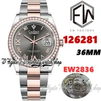 EWF V3 EW126281 A2836 Automatisk kvinnors titta 36mm diamanter Bezel Grey Romer Roman Markers Two Tone 904L Steel Armband med samma seriella garantikort Evighetsklockor