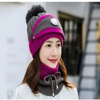 Winter Hat&Scarf&Mask Set For Women Girls Warm Beanies Breathe Scarf Pompoms Knitted Caps And Scarf Mask188H