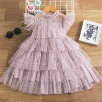 Sweet Girls star sequins gauze dresses summer kids lace falbala fly sleeve tiered tulle cake dress children princess clothings A72240P