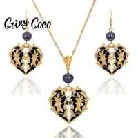 Pendientes Collar Angel Wing Love Heart Jewelry Sets Trendy Ethnic Black Enamel Pendants Collares Drop Accesorios para mujeres 2022 Hon.