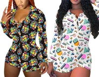 Women&#039;s Jumpsuits & Rompers Sexy Women Jumpsuit V-Neck Button Casual Shinnky Slim Ladies Pajamas Printed Short Romper Onesies For Adults Out